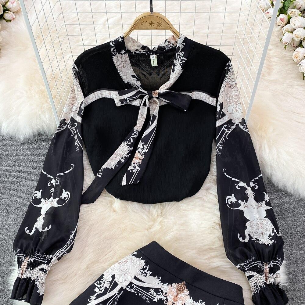 Fashion Suit Female Celebrity Temperament Ol Professional Bow Chiffon Shirt Two-Piece Set High Waist Hip Skirt Spring