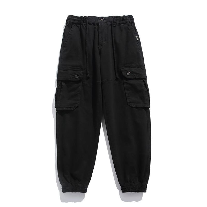 

Solid color tied tote overalls men s spring and autumn tide brand pure cotton casual pants men s wear-resistant commuting versatile trousers 38 чёрный