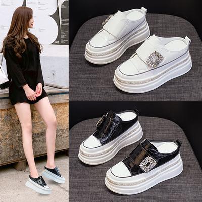 Little White Shoes Women's Thick-soled Spring New Thick-soled Muffin Shoes Inner Height Increase Women's Shoes Small Size Bag Head Half Slippers Women