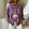 Women's Christmas Printed Button Up Long Sleeved Casual Regular Shirt With Collar Top