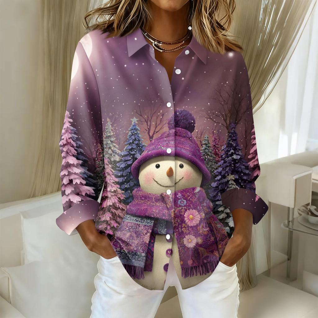 Women's Christmas Printed Button Up Long Sleeved Casual Regular Shirt With Collar Top