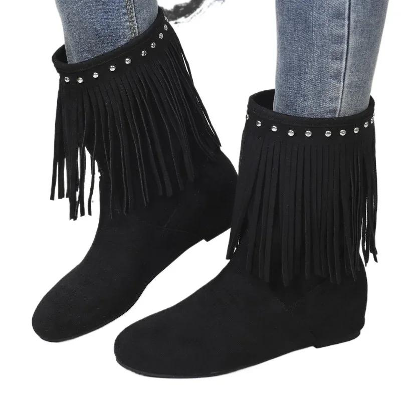 Fashion Ladies Shoes 2024 High Quality Slip-on Women's Boots Fashion Tassel Modern Boots Women Winter Rivet Solid Mid-Calf Boots Zapatos