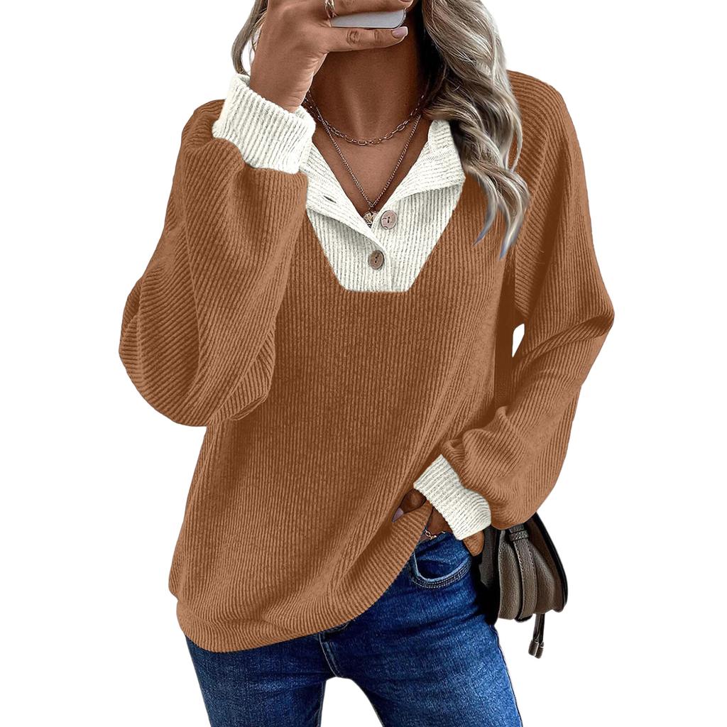 Women's Pullover Lapel Sweatshirt Fashionable Stitching Contrast Color Top