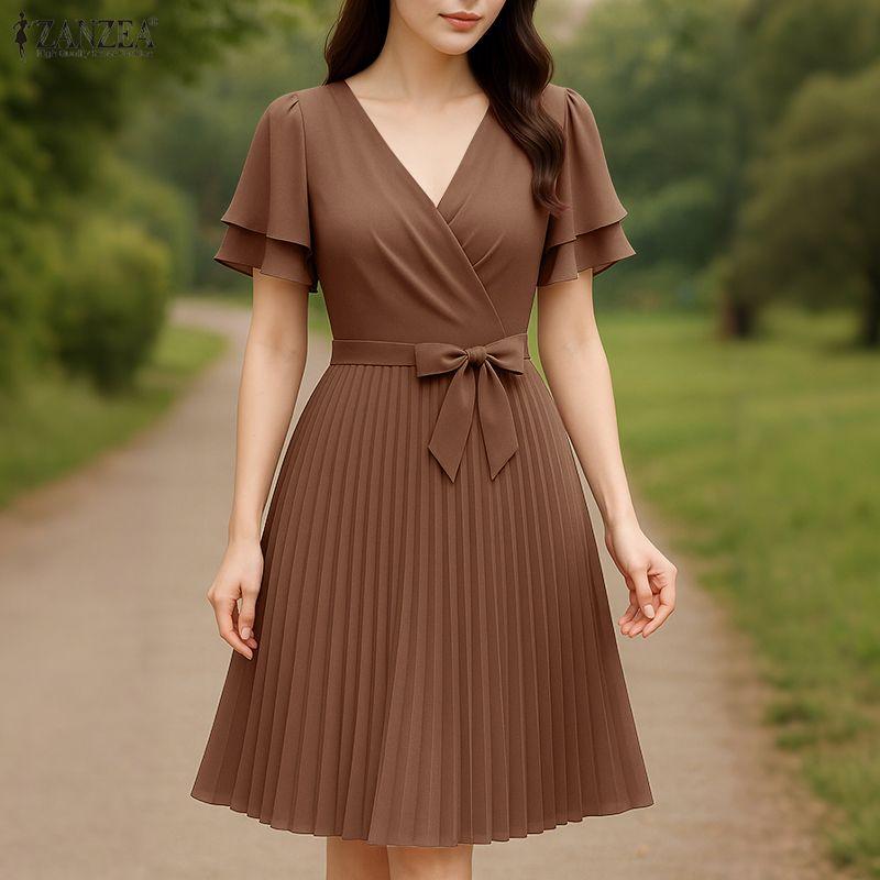 ZANZEA Women Casual V-Neck Summer Short Sleeve Pleated Dress
