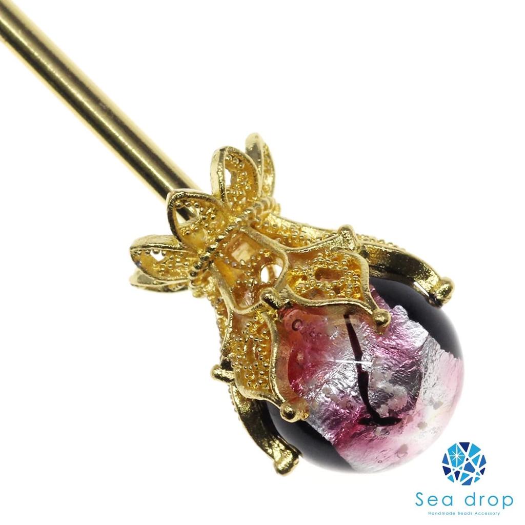 Sea Drop Kanzashi Hairpin, Glow-in-the-Dark Firefly Glass Bead, Pink, 14mm, Luminous Gold, Single Hair Ornament, Japanese Style, for Yukata, Kimono,