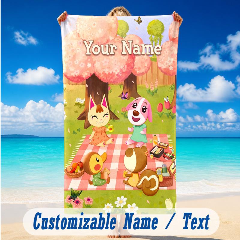 Beach Towel Custom Name Text, Quick Dry Large Towel For Beach HomeAnimal Crossing