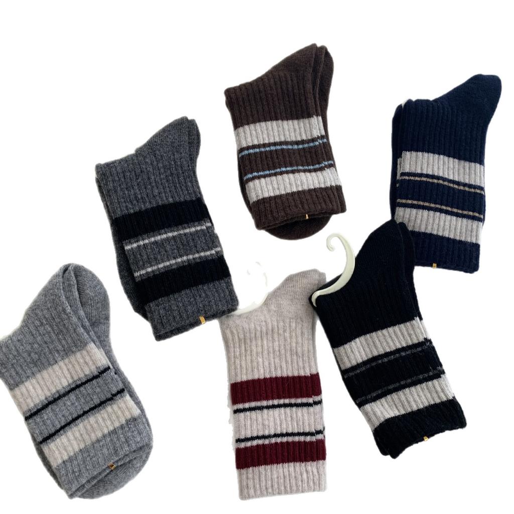 New Year'S Wool Socks Striped Contrasting Basic Korean Thickened Mid-Cut Women'S Socks Pit Strips To Keep Warm