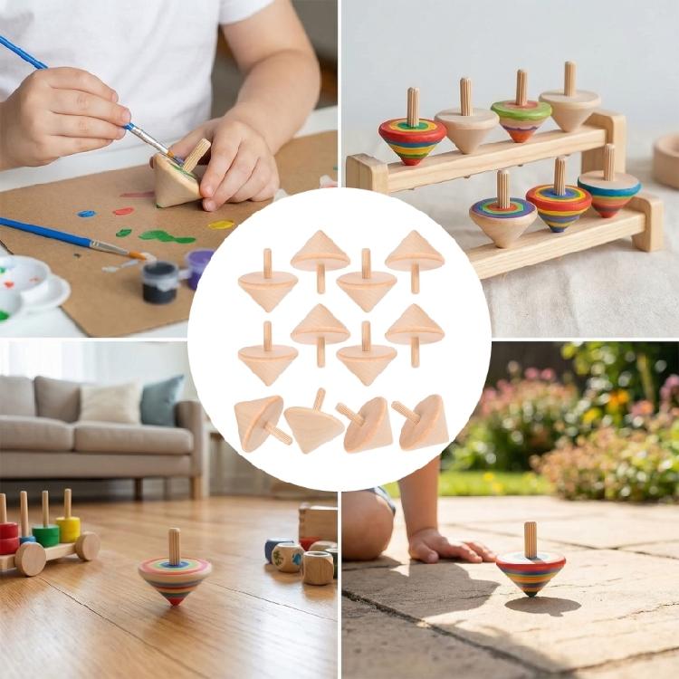 12Pcs Tiny Unpainted Wooden Whipping Top 4.5x5.5cm For ids Art Projects Fine Motor Skill Building and Handmade Craft
