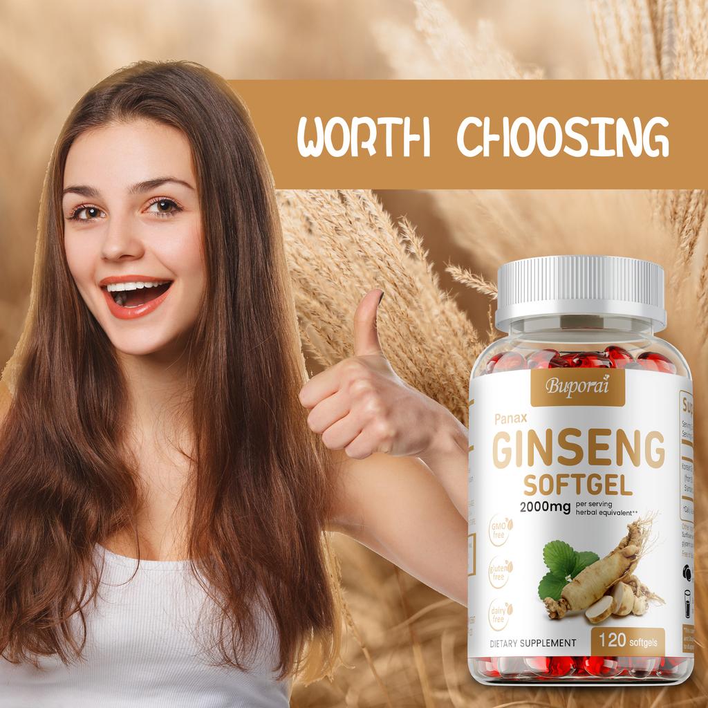 Buporai Ginseng Soft Capsules, containing 2000 mg, nutritional supplement, suitable for adults.