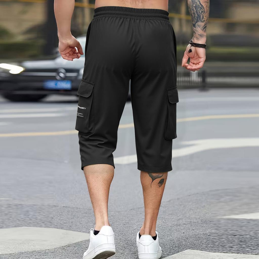 Pantaloni bărbătești cu lungime trei sferturi, cu șnur, talie elastică și buzunare