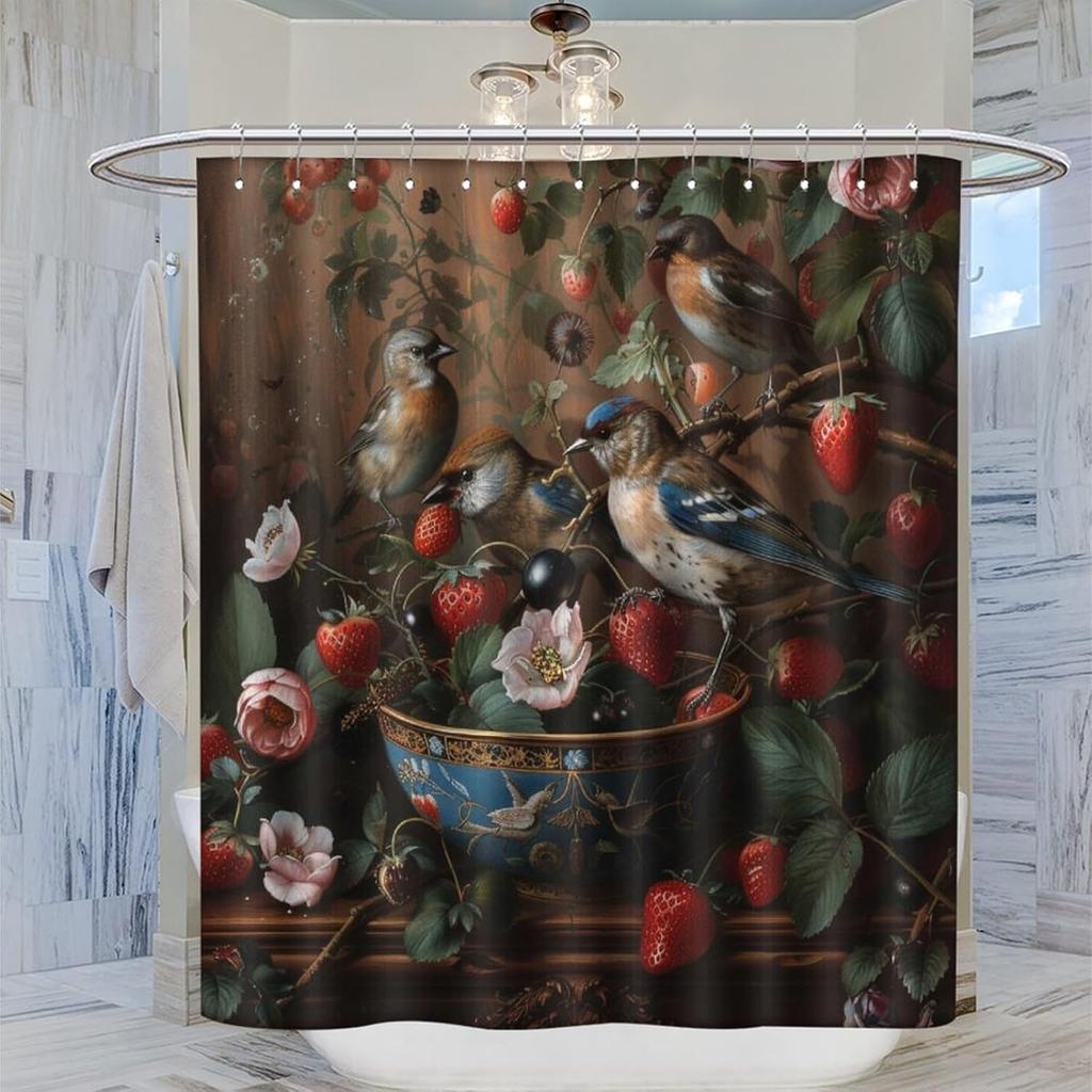 William Morris Flower Shower Curtain, Strawberry Thief Bird Animal Vintage Brown Shower Curtain Bathroom Decor Waterproof Privacy Shower Curtain