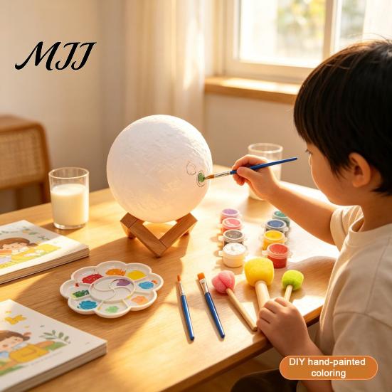 Creative Gift for Children DIY Paint Your Own Moon Lamp, LED Night Light Kit with 8 Desktop Art Ornament Colors And Brushes, Kids Craft Project, Warm