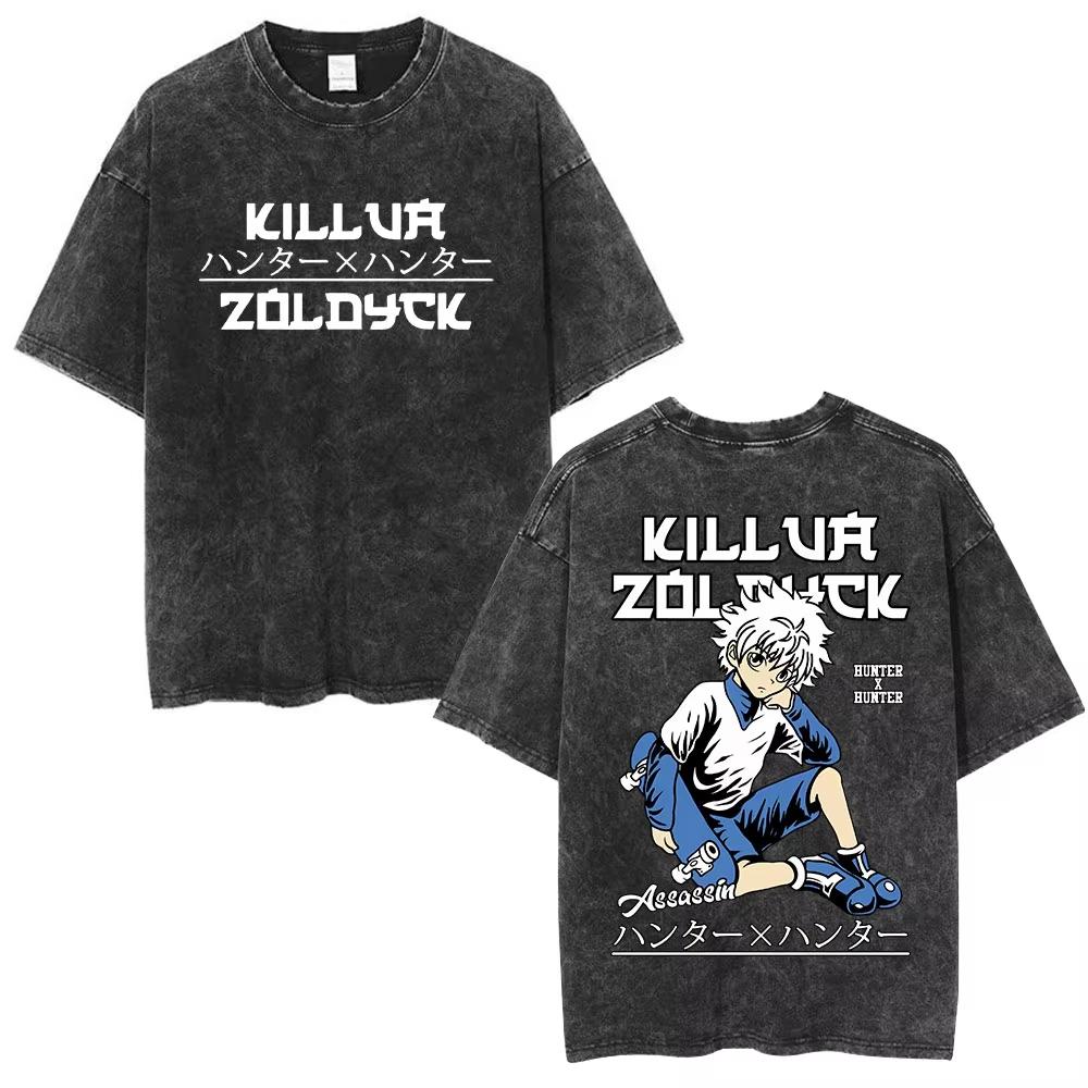 Vintage Washed Anime Hunter X Hunter T Shirts Spider Phantom Troupe Hisoka Chrollo Short Sleeve T-shirt Men Women T-shirt