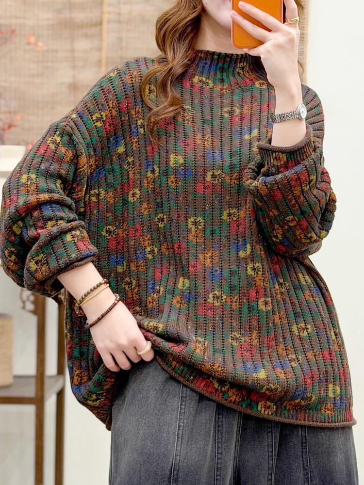 Women's Plus Size Floral High Neck Sweater - Autumn/Winter 2025 Relaxed Fit