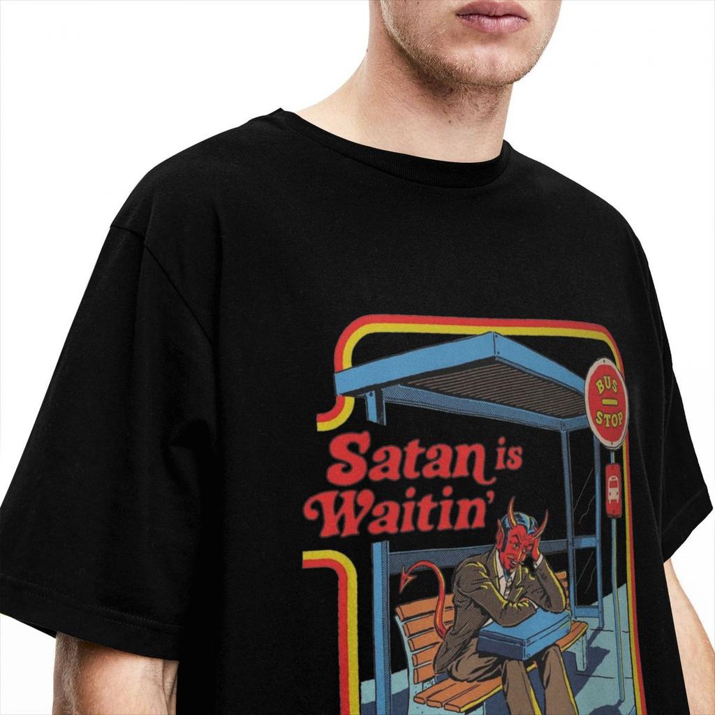 Satan Is Waiting Funny Vintage Dark Art Men Women's T Shirts Humor Pulp Art Apparel Novelty Tees T-Shirts 100% Cotton   Clothing