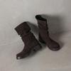 Krazing Pot Cow Suede Nubuck Winter Round Toe Modern Boots Med Heels Slip on Pleated Style Metal Buckle Mid-calf Boots