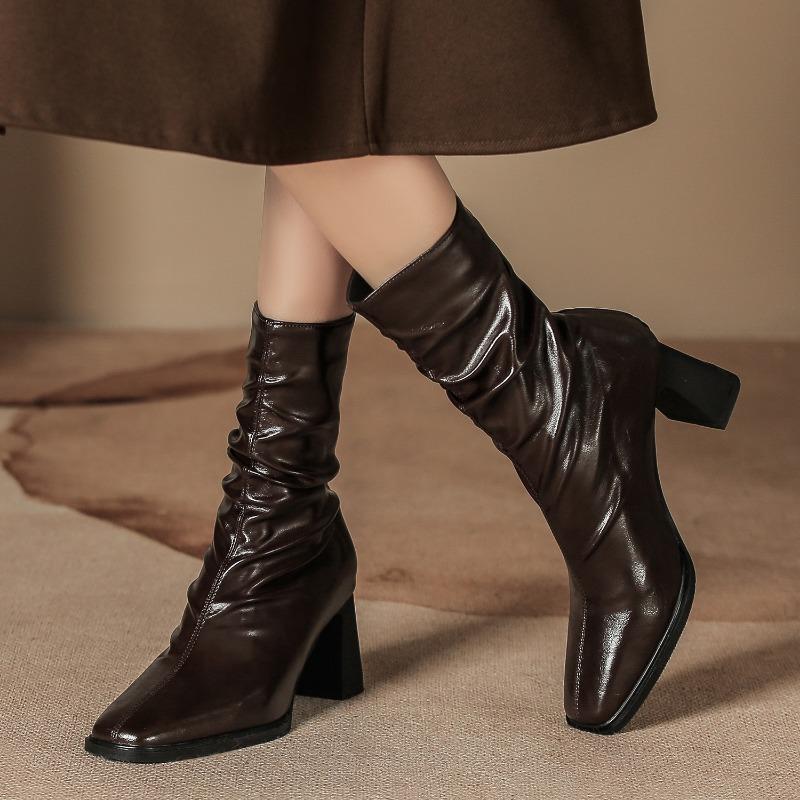 

H9537-3 high-heeled short boots women s velvet retro medium boots slim fashion boots rear zipper square head single boots 39