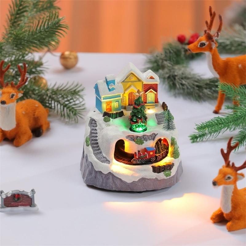 LED Light Christmas Village Scene with Santa/Tree Musical Lighted Christmas Collection Figurines for Home Decors