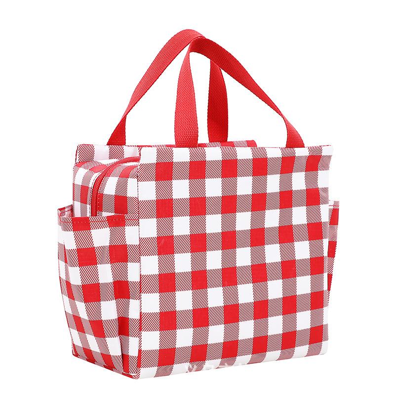 Oxford-Stoff-Tragetasche mit doppelten Seitentaschen, isolierte Lunchtasche, kariertes Muster, strapazierfähiger Tragegriff für den täglichen Gebrauch