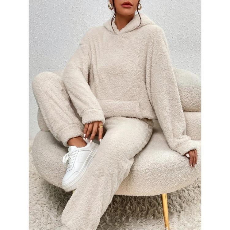 Nowy Damski Casualowy Jednokolorowy Pluszowy Długi Rękaw z Kapturem Strój ze Spodniami Jesień Zima