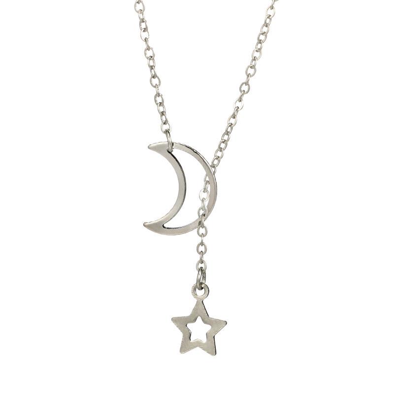 Adjustable Star & Moon Pendant Necklace - Collarbone Chain, Japanese & Korean Style for Women серебряный
