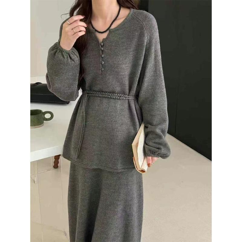 

Half-open neck breasted lace-up design two-piece set autumn and winter new casual skirt + knitted sweater set women One Size
