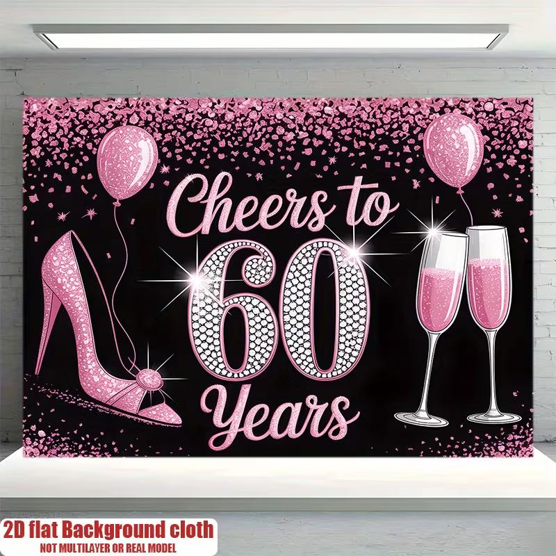 2D Pink Black 60th Birthday Backdrop, Women 60 Years Old Party Background
