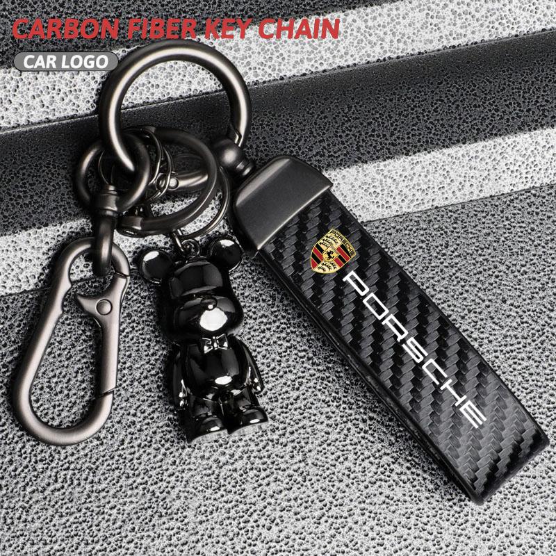 UQMW3 Leather Carbon Fiber Car Keychain Zinc Alloy Keyring For Porsche 911 718 Taycan Panamera Cayenne Macan Boxster Cayman Pajun 918