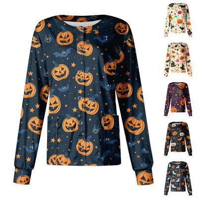 Damska, swobodna, jednorzędowa, długa bluzka z nadrukiem na Halloween, z długim rękawem i nadrukiem
