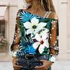 Plus Size Women Oblique Shoulder Long Sleeve Top Hawaii Floral Palm Print Mesh Lace Splicing Blouse