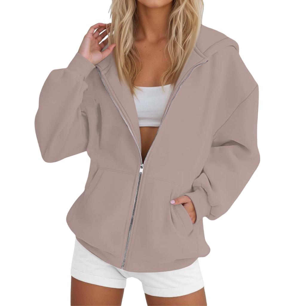 Women's Long Sleeve Solid Color Hooded Sweatshirt Jacket
