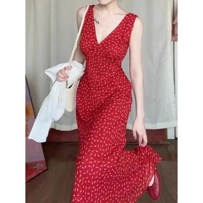 Seaside Vacation Temperament Red V-neck Floral Sleeveless Dress Children's Summer Versatile New Long Dress