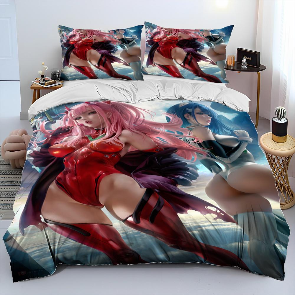 Zero Two DARLING In The FRANXX Anime-Bettwäscheset, Bettbezug, Bettbezug, Kissenbezug, Queen-Size-Bettwäscheset für Kinder