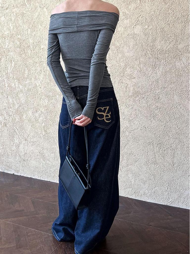 Luxi Pure Desire Hot Girl Off-Shoulder Slim-Fit Langarm-T-Shirt