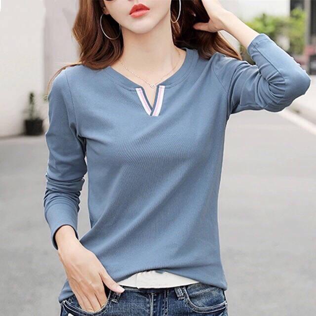 Damen Frühling und Herbst Bottoming Shirt Einfarbig Langarm V-Ausschnitt Pullover Tops