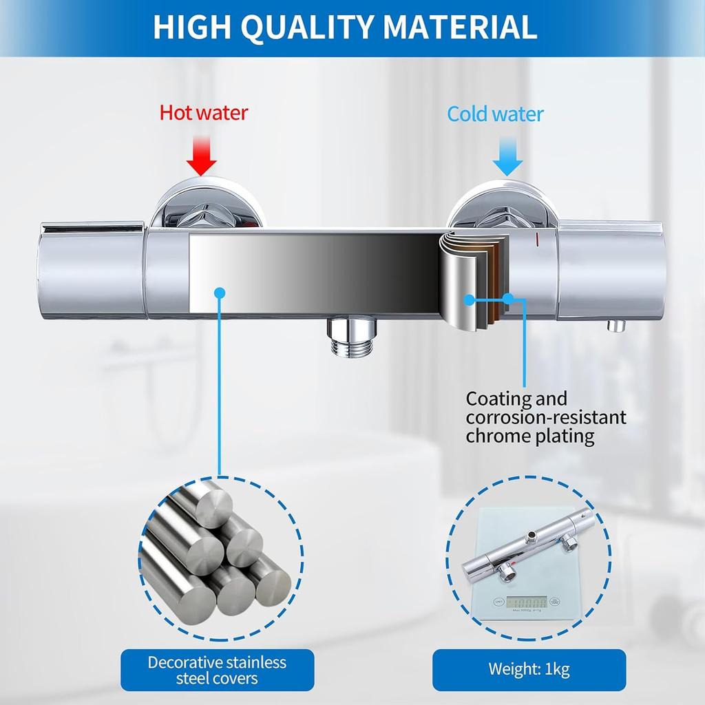 Shower Faucet with Thermostat - Cleaning Mixed Battery Shower with 38°C Safety Button, Chrome Mixed Battery Shower, Thermostat Faucet Stainless Steel