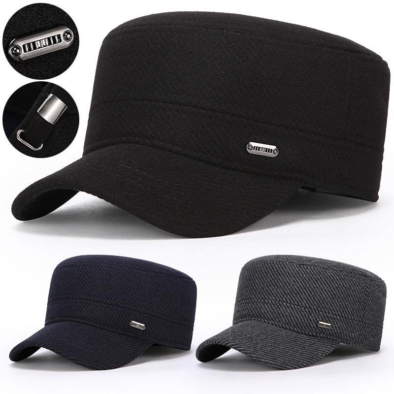 Zimní vlněná teplá bavlněná čepice pro středního věku a starší cyklisty, větruodolná, s ochranou uší, plochá čepice, venkovní