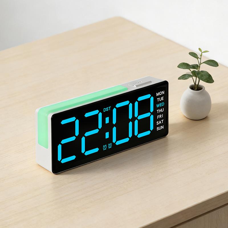 LED Digital Alarm Clock Atmosphere Light Date Teperature Week Display DST Snooze Table Clock 12/24H Brightness Adjustment