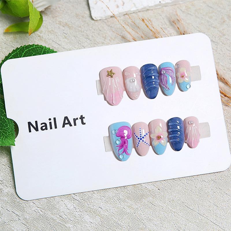 Cross-border wear nail summer ocean 3D three-dimensional almond wear nail fake nail Y2K nail art finished 30 pieces wholesale
