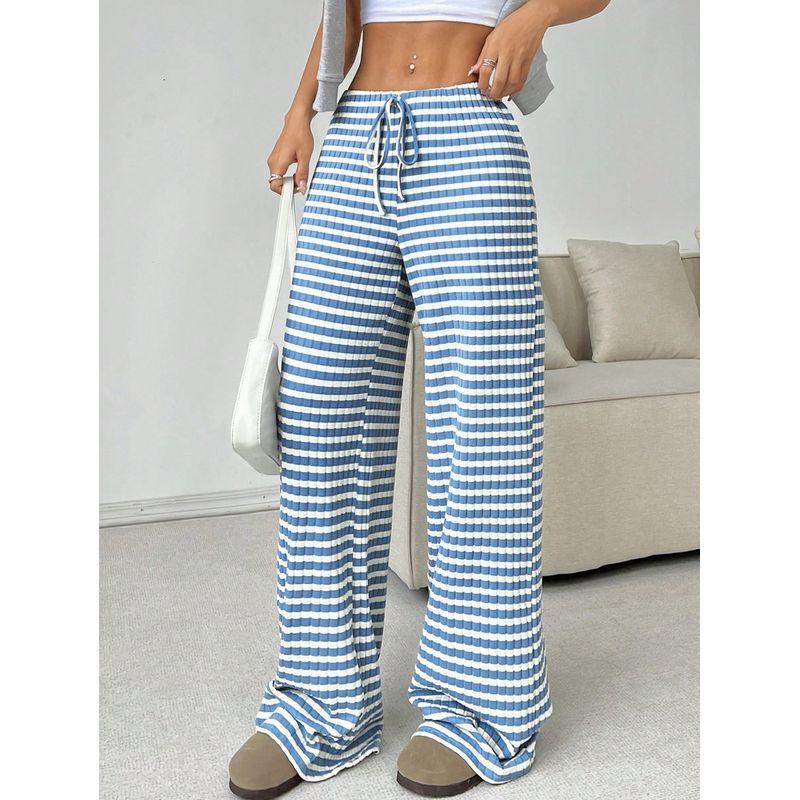 

2025 Casual Elastic Drawstring Straight Leg Pants Blue and white stripes M