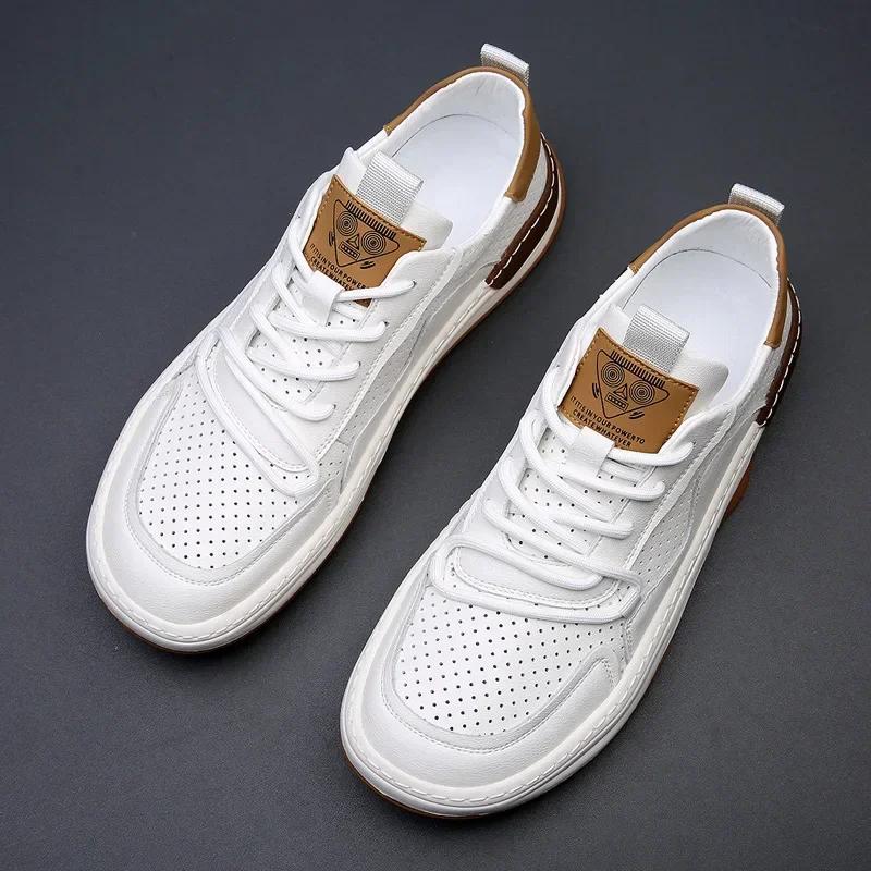 Men Shoes Solid Color Lace-Up Sneaker Pu Leather Hollow Out Breathable Casual Sport Shoe Lightweight No-Slip Zapatos Para Hombre