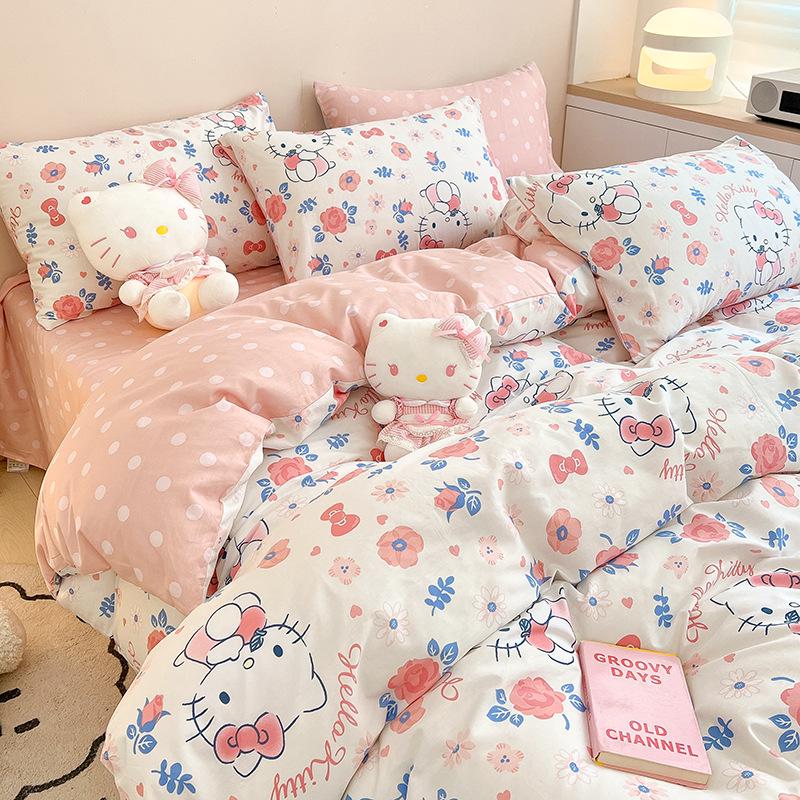 Hello Kitty All-Cotton Cute Cartoon Girl Fitted Sheet & Duvet Set - 4-Pc Dorm Style