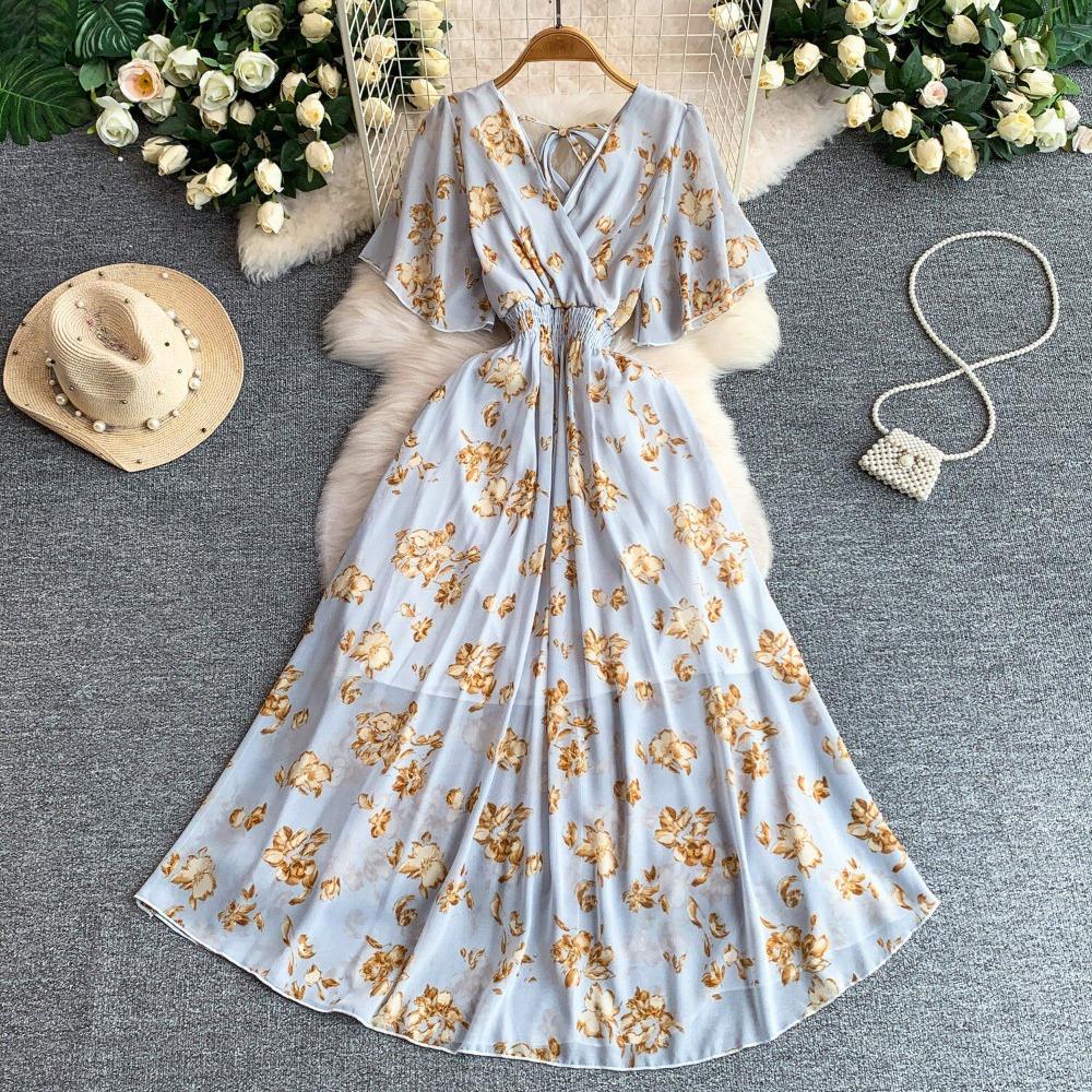 Women's V Neck Floral Chiffon Maxi Dress High Waist A-Line Casual Dress for Summer Vacation