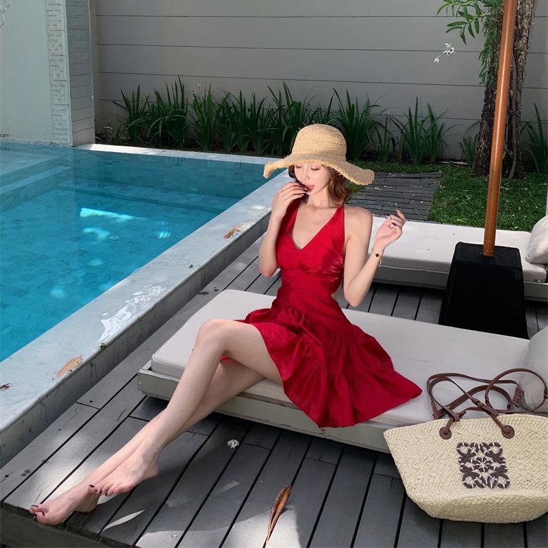 French Sexy Red Collar Neck Dress Women's Seaside Vacation Beautiful Backless Beach Skirt Summer