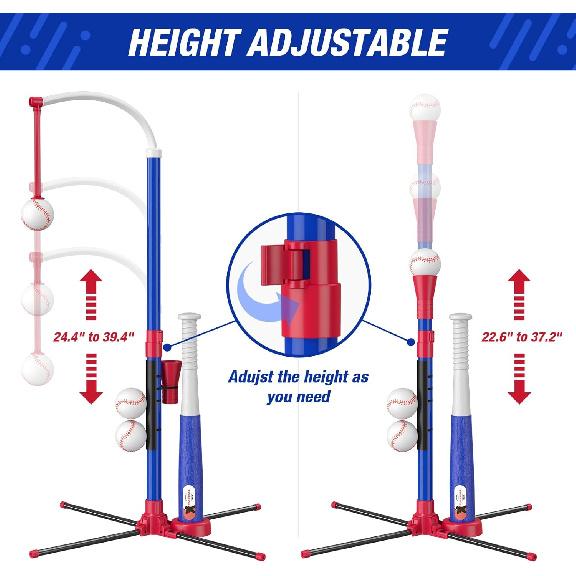 3-in-1 Baseball Set for Kids 3-5 - Tee Ball Stand, Hanging Tee, Ball Launcher and 6 Softballs - Adjustable Height, Indoor/Outdoor Sport Gifts for