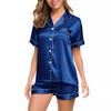 Pajamas Women's Summer Short Sleeve Top and Shorts Sleepwear Loungewear Blue Cardigan Solid Color Laides Nightwear 2PCS/Set