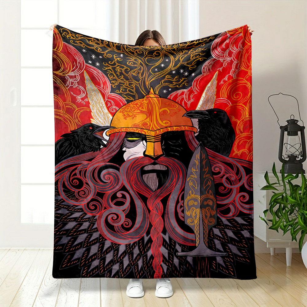 Intricate Viking-inspired figure with a golden helmet, ravens, and swirls. for all seasons blanket lunch break throw gift