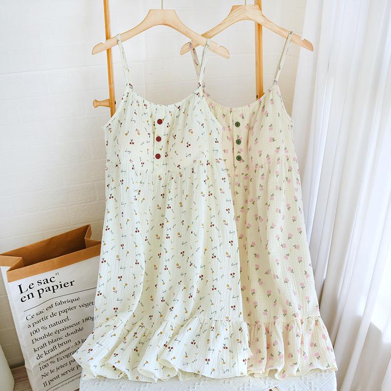 Girl's Floral Bubble Double-Layer Crinkle Cotton Nightgown with Built-In Bra Pads