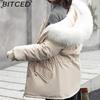 BITCED Women's Mid-Length Drawstring Cotton Coat with Fleece Lining Loose-Fit Puffer Jacket with Down-Fill Cotton Padding Winter Outerwear