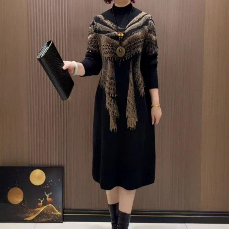 Autumn 2025 Slimming Plus Size Knit Dress with Half High Collar - Fashionable and Age-Reducing for Stylish Moms